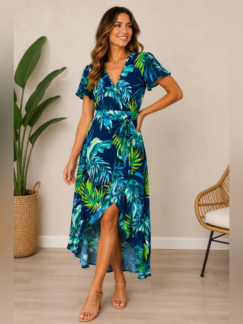 Sofia Jeans Sofia Vergara Palm Print Belted Faux Wrap High Low Dress NWT #1121